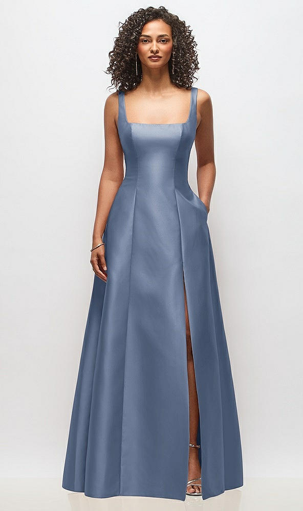 Front View - Larkspur Blue Sleeveless Square-Neck Princess Line Gown with Pockets