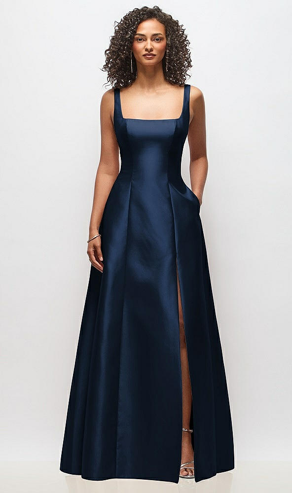Front View - Midnight Navy Sleeveless Square-Neck Princess Line Gown with Pockets