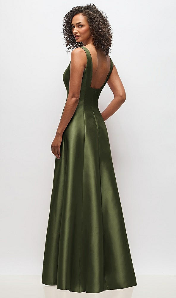 Back View - Olive Green Sleeveless Square-Neck Princess Line Gown with Pockets