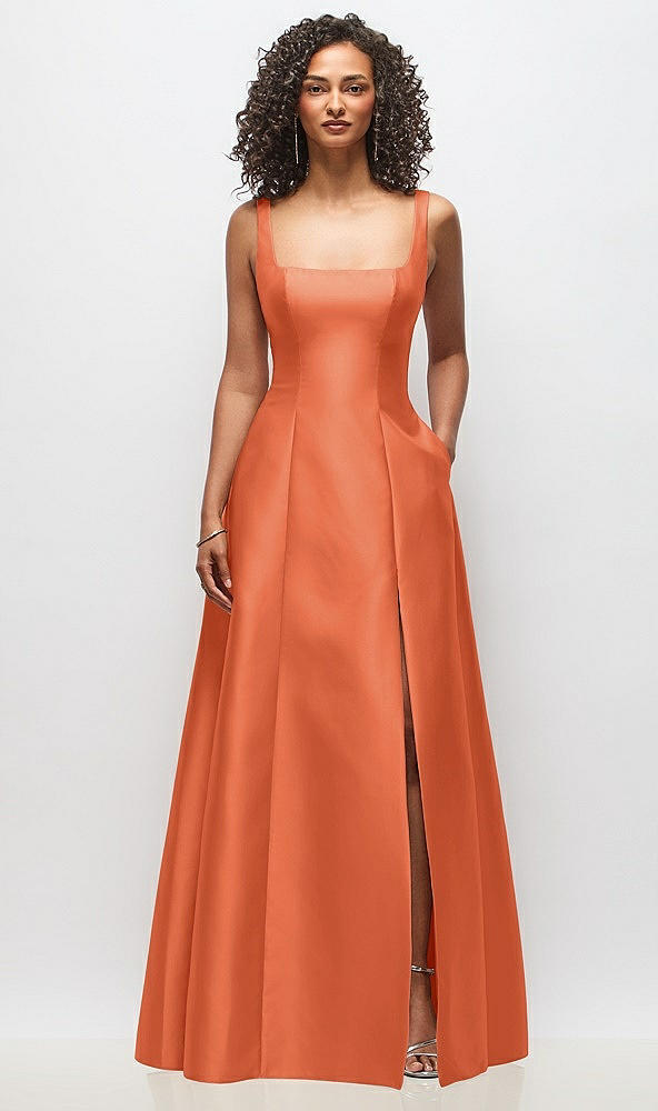 Front View - Portofino Orange Sleeveless Square-Neck Princess Line Gown with Pockets