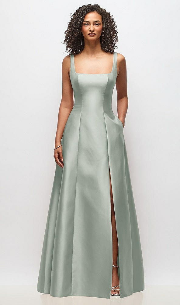Front View - Willow Green Sleeveless Square-Neck Princess Line Gown with Pockets