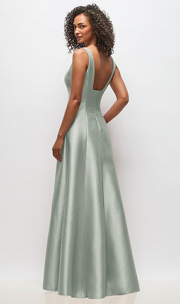 Back View - Willow Green Sleeveless Square-Neck Princess Line Gown with Pockets