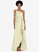 Alt View 1 Thumbnail - Butter Yellow One-Shoulder Satin Gown with Draped Front Slit and Pockets