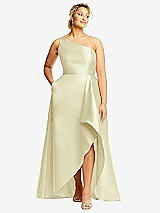 Front View Thumbnail - Butter Yellow One-Shoulder Satin Gown with Draped Front Slit and Pockets