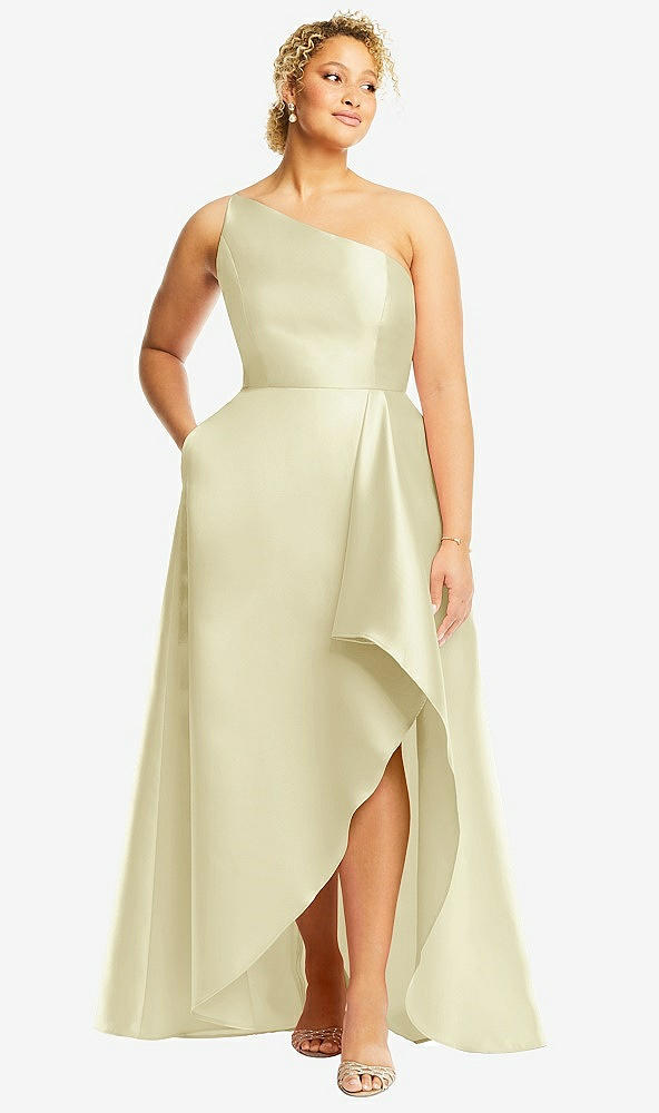 Front View - Butter Yellow One-Shoulder Satin Gown with Draped Front Slit and Pockets