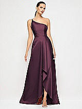 Alt View 4 Thumbnail - Deep Plum One-Shoulder Satin Gown with Draped Front Slit and Pockets