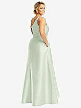 Rear View Thumbnail - Mint Green One-Shoulder Satin Gown with Draped Front Slit and Pockets