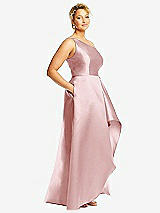 Side View Thumbnail - Ballet Pink One-Shoulder Satin Gown with Draped Front Slit and Pockets