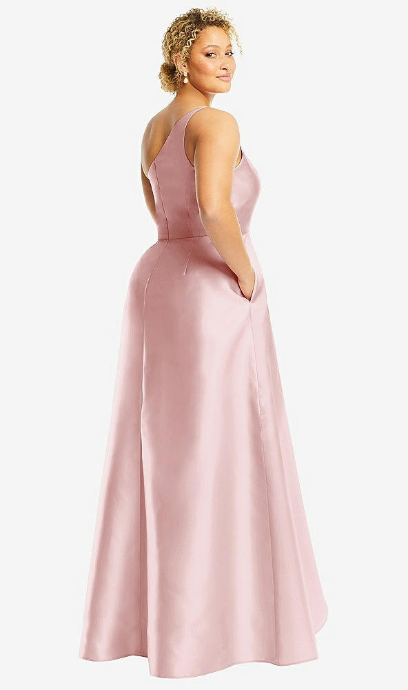 Back View - Ballet Pink One-Shoulder Satin Gown with Draped Front Slit and Pockets