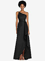 Alt View 1 Thumbnail - Black One-Shoulder Satin Gown with Draped Front Slit and Pockets