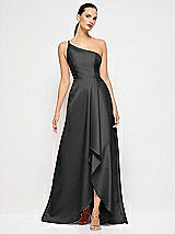 Alt View 4 Thumbnail - Black One-Shoulder Satin Gown with Draped Front Slit and Pockets