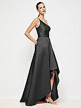 Alt View 5 Thumbnail - Black One-Shoulder Satin Gown with Draped Front Slit and Pockets