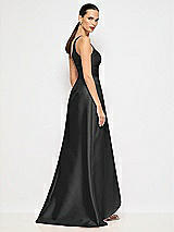 Alt View 6 Thumbnail - Black One-Shoulder Satin Gown with Draped Front Slit and Pockets