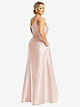Rear View Thumbnail - Blush One-Shoulder Satin Gown with Draped Front Slit and Pockets