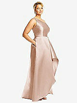 Side View Thumbnail - Cameo One-Shoulder Satin Gown with Draped Front Slit and Pockets
