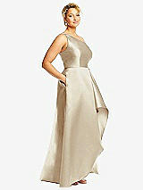 Side View Thumbnail - Champagne One-Shoulder Satin Gown with Draped Front Slit and Pockets