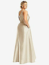 Rear View Thumbnail - Champagne One-Shoulder Satin Gown with Draped Front Slit and Pockets