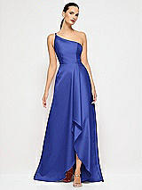 Alt View 4 Thumbnail - Cobalt Blue One-Shoulder Satin Gown with Draped Front Slit and Pockets