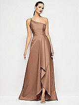Alt View 4 Thumbnail - Cognac One-Shoulder Satin Gown with Draped Front Slit and Pockets