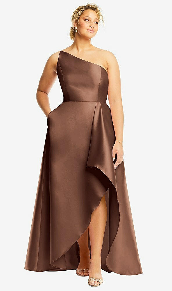 Front View - Cognac One-Shoulder Satin Gown with Draped Front Slit and Pockets