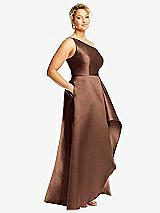 Side View Thumbnail - Cognac One-Shoulder Satin Gown with Draped Front Slit and Pockets