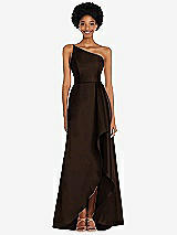Alt View 1 Thumbnail - Espresso One-Shoulder Satin Gown with Draped Front Slit and Pockets