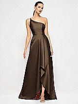 Alt View 4 Thumbnail - Espresso One-Shoulder Satin Gown with Draped Front Slit and Pockets