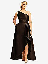 Front View Thumbnail - Espresso One-Shoulder Satin Gown with Draped Front Slit and Pockets