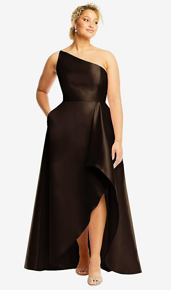 Front View - Espresso One-Shoulder Satin Gown with Draped Front Slit and Pockets