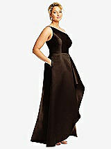 Side View Thumbnail - Espresso One-Shoulder Satin Gown with Draped Front Slit and Pockets