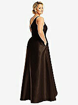 Rear View Thumbnail - Espresso One-Shoulder Satin Gown with Draped Front Slit and Pockets