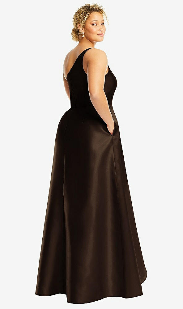 Back View - Espresso One-Shoulder Satin Gown with Draped Front Slit and Pockets