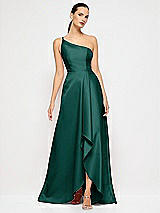 Alt View 4 Thumbnail - Evergreen One-Shoulder Satin Gown with Draped Front Slit and Pockets
