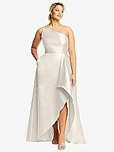 Front View Thumbnail - Ivory One-Shoulder Satin Gown with Draped Front Slit and Pockets