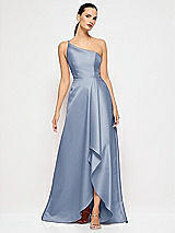 Alt View 4 Thumbnail - Larkspur Blue One-Shoulder Satin Gown with Draped Front Slit and Pockets