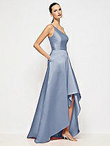 Alt View 5 Thumbnail - Larkspur Blue One-Shoulder Satin Gown with Draped Front Slit and Pockets