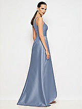 Alt View 6 Thumbnail - Larkspur Blue One-Shoulder Satin Gown with Draped Front Slit and Pockets