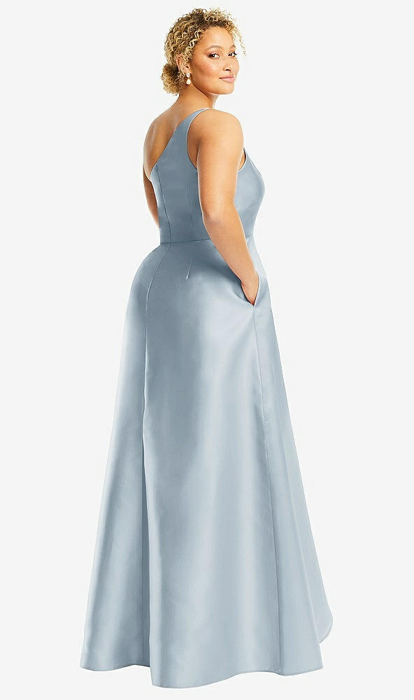 Back View - Mist One-Shoulder Satin Gown with Draped Front Slit and Pockets