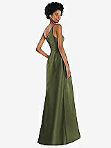 Alt View 3 Thumbnail - Olive Green One-Shoulder Satin Gown with Draped Front Slit and Pockets