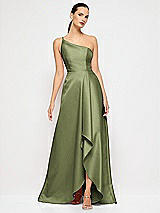 Alt View 4 Thumbnail - Olive Green One-Shoulder Satin Gown with Draped Front Slit and Pockets