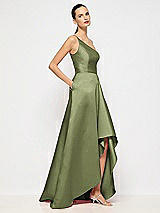 Alt View 5 Thumbnail - Olive Green One-Shoulder Satin Gown with Draped Front Slit and Pockets