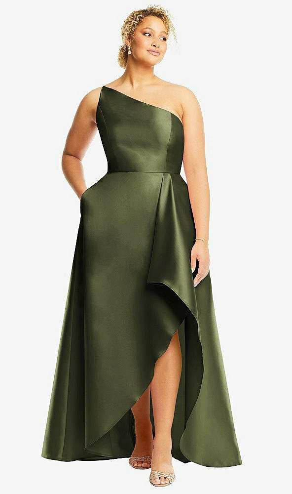 Front View - Olive Green One-Shoulder Satin Gown with Draped Front Slit and Pockets