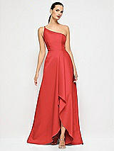 Alt View 4 Thumbnail - Poppy Red One-Shoulder Satin Gown with Draped Front Slit and Pockets