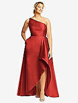 Front View Thumbnail - Poppy Red One-Shoulder Satin Gown with Draped Front Slit and Pockets