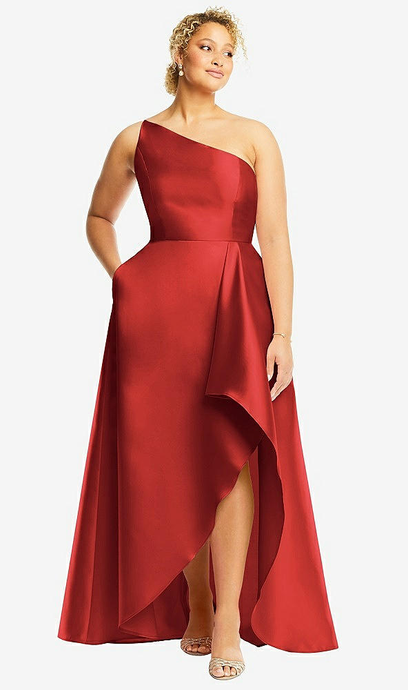 Front View - Poppy Red One-Shoulder Satin Gown with Draped Front Slit and Pockets