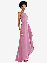 Alt View 2 Thumbnail - Powder Pink One-Shoulder Satin Gown with Draped Front Slit and Pockets