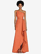 Alt View 1 Thumbnail - Portofino Orange One-Shoulder Satin Gown with Draped Front Slit and Pockets