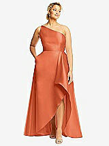 Front View Thumbnail - Portofino Orange One-Shoulder Satin Gown with Draped Front Slit and Pockets
