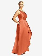 Side View Thumbnail - Portofino Orange One-Shoulder Satin Gown with Draped Front Slit and Pockets