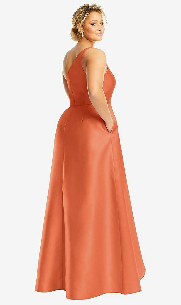 Back View - Portofino Orange One-Shoulder Satin Gown with Draped Front Slit and Pockets